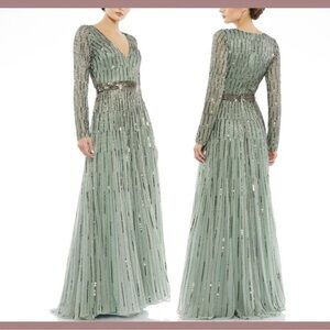 Mac Duggal Sage Green Long-Sleeve Sequin Evening Gown